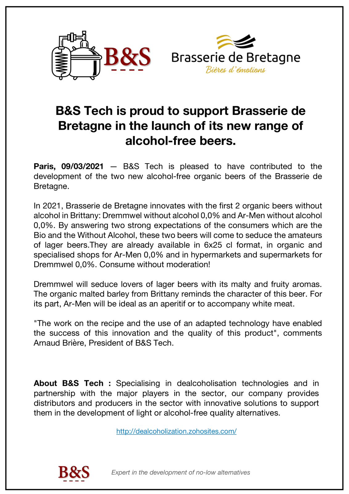 B&S Tech is proud to support Brasserie de Bretagne in the launch of its new range of alcohol-free beers. 